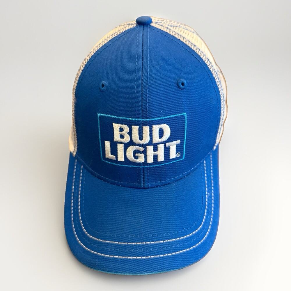 Bud Light Mens Blue White Mesh Classic Adjustable Snapback Trucker Hat Cap